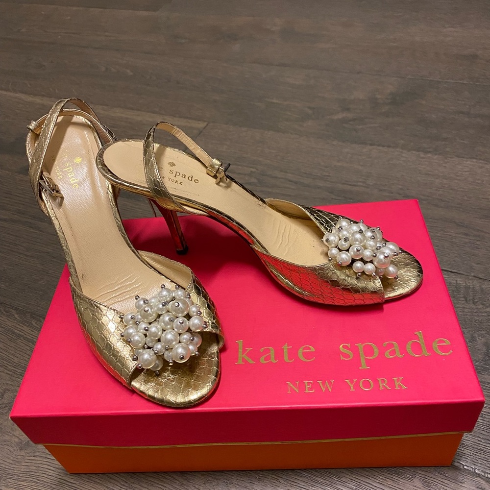 Kate Spade gold and pearl heels with ankle strap